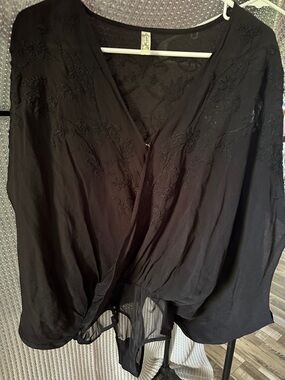 Free People Black Embroidered Wrap Blouse